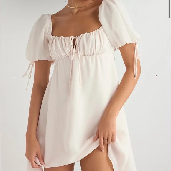 open lace back dress HOUSE OF CB HIRE (5days) Princess Ivory Georgette Mini Dress (size 6/xs)   One Night Stand Designer Dress Hire